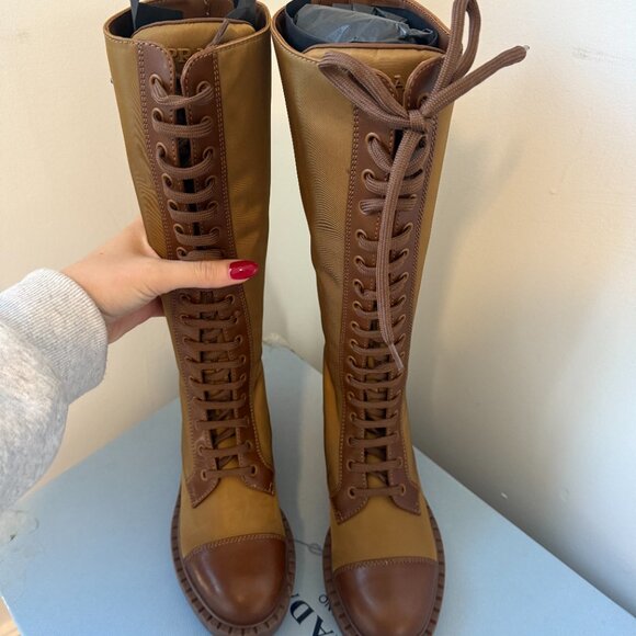 NWT Prada Tall Boots Tobacco Brown Leather Lace up Round Toe Sz 35 - Picture 7 of 11